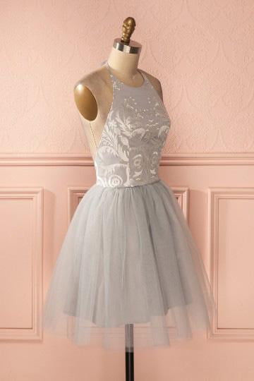 Cheap Sleeve Silver Halter Short A-line Princess Pleated Backless Homecoming Dresses WK789