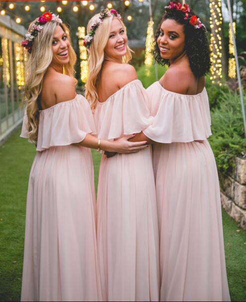 Elegant Off-the-shoulder Pastel Pink Ruffles Long Chiffon A-Line Bridesmaid Dresses WK322