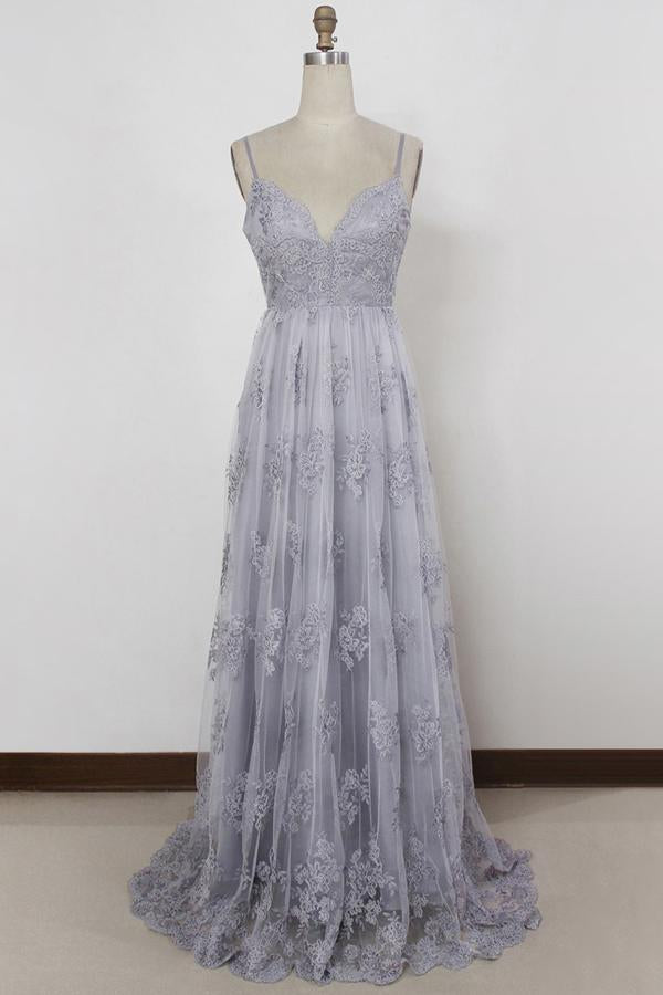 Sheath Spaghetti Straps Sweep Train Backless Lavender Tulle with Appliques Prom Dresses WK156