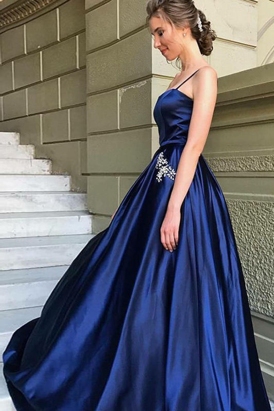 Elegant A-Line Spaghetti Straps Dark Blue Satin Prom Dress with Beading Pockets WK436