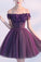 Cute A line Dark Purple Off-shoulder Short Sexy Appliqued Homecoming Dress with Beads WK173