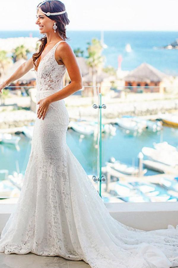 Elegant Mermaid Lace V-neck Court Train Ivory Sleeveless Beach Wedding Dresses WK314