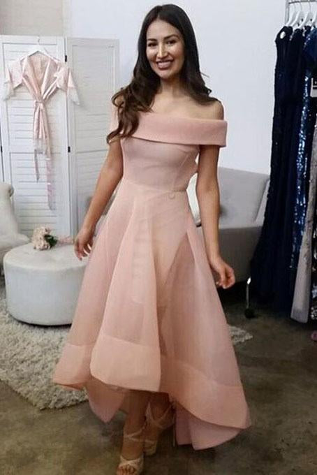 A-line Off-the-Shoulder Organza Ruffles Asymmetrical Backless High Low Prom Dresses WK808