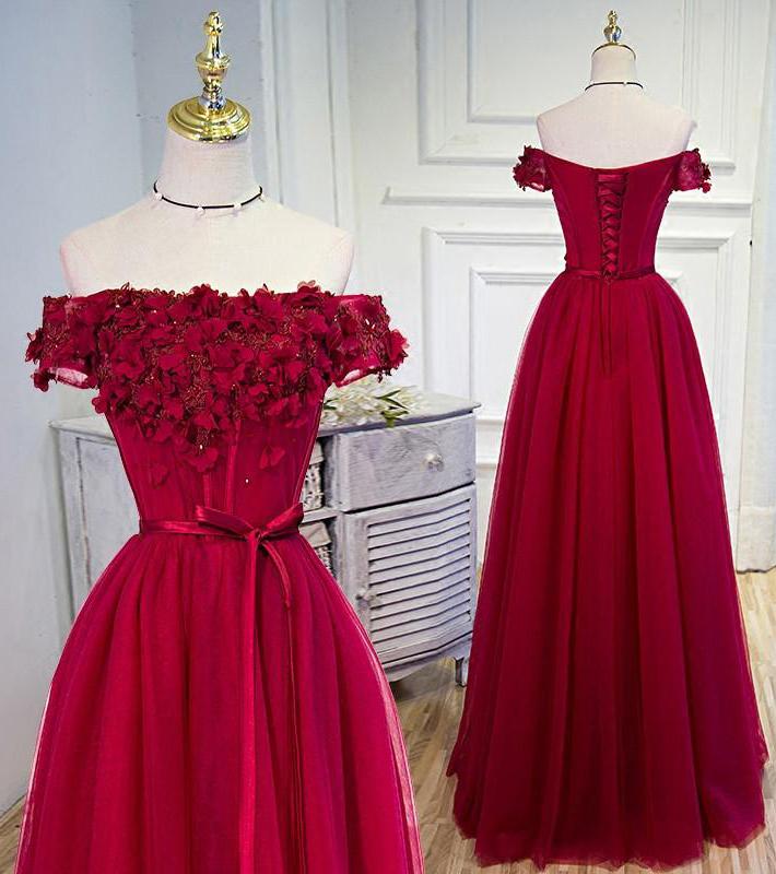 A-line Tulle Burgundy Short Sleeve Off-the-Shoulder Scoop Hand-Made Flower Prom Dresses WK776