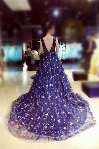 Chic Ball Gown Dark Navy Scoop Sweep Train Tulle Modest Rhinestone Long Prom Dresses WK210