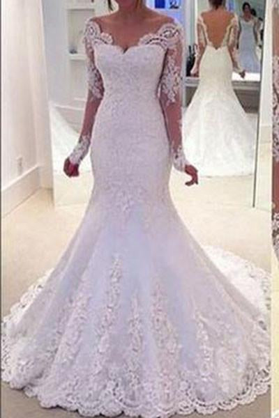 Long Sleeves Mermaid Lace Off-the-Shoulder Long Wedding Dress BA37