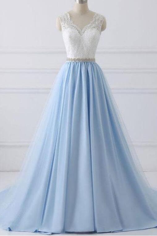 A-Line Lace Open Back V-Neck with Sash Blue and White Cap Sleeve Prom Dresses WK432
