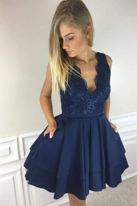 A-Line V Neck Short Navy Blue Satin Homecoming Dresses with Lace Sequins Pockets WK709