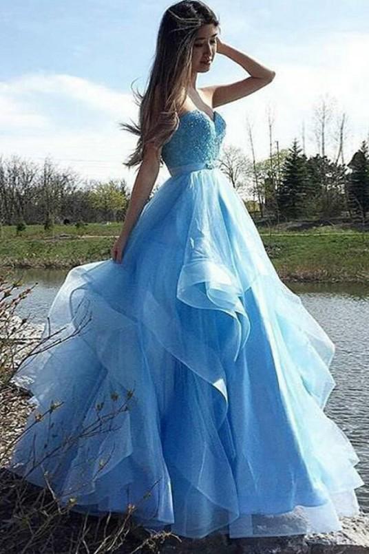 A-Line Sweetheart Strapless Blue Tulle Beads Sleeveless Ruffles Prom Dresses WK820