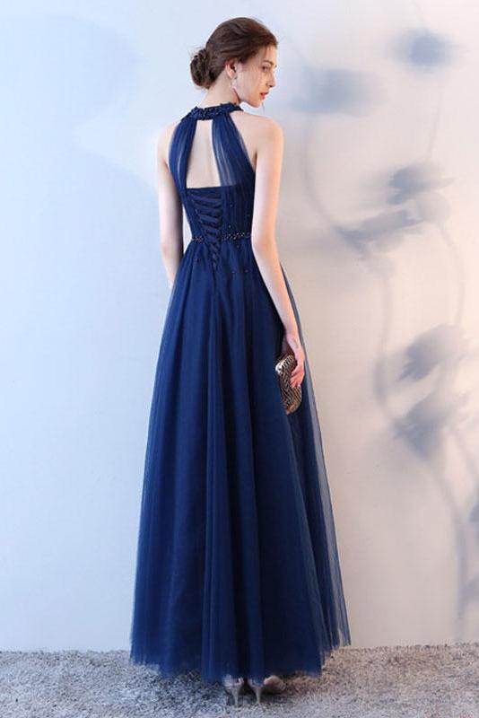 Elegant A-Line Blue Halter Tulle Long Open Back Beads Lace up Prom Dresses WK409