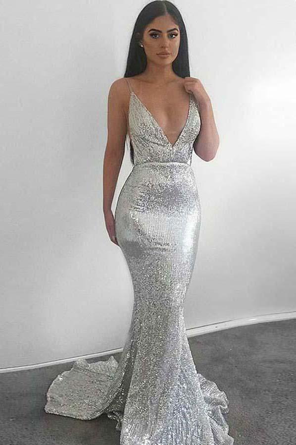 Backless V-neck Sequins Silver Spaghetti Straps Short Train Mermaid Prom Dresses WK503