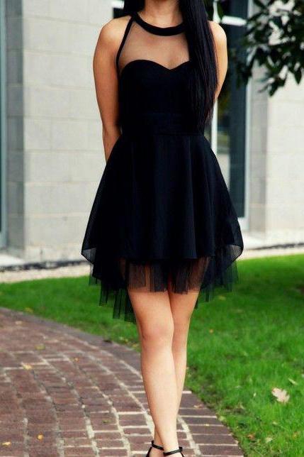 2024 Cute Little Black High Neck Tulle Tea Length Short Prom Dresses Homecoming Dresses WK504