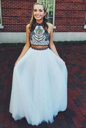 Embroidery Two Piece White Prom Dresses Two Pieces Pageant Gowns WK551