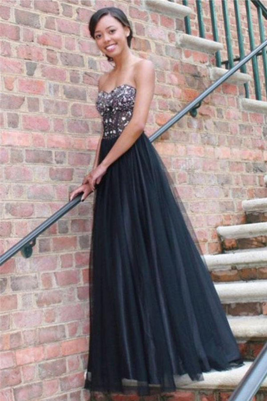 Long Black Sexy Tulle Strapless Lace up Sweetheart A-Line Beads Prom Dresses WK422
