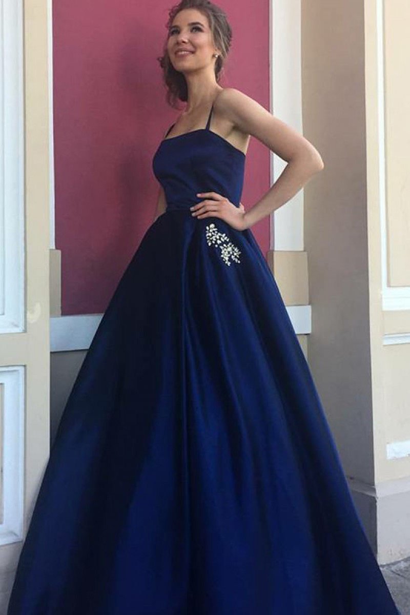Elegant A-Line Spaghetti Straps Dark Blue Satin Prom Dress with Beading Pockets WK436
