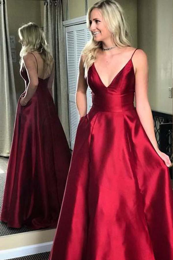 Simple Red V-Neck Spaghetti Straps A-line Long Backless Satin Prom Dresses WK462