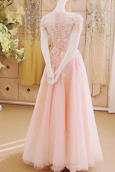 Charming A-Line Appliques Tulle Sexy Long Pink Floor-Length Prom Dresses WK289
