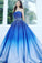 A Line Blue Strapless Sweetheart Ombre Sweep Train Ball Gown Beads Tulle Prom Dresses WK891