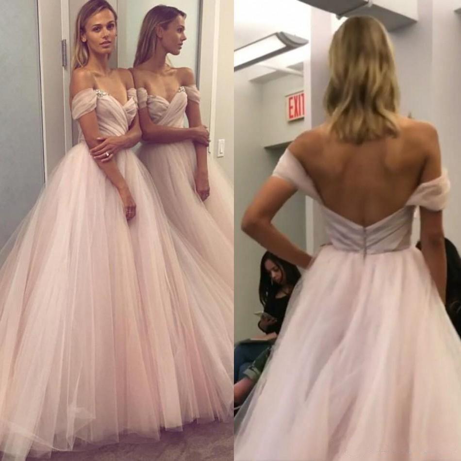 A Line Sweetheart Beaded Off the Shoulder Pink Long Prom Dresses Wedding Dress WK132