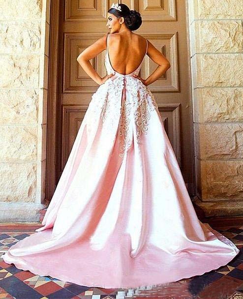 Unique Pink Backless Spaghetti Straps Sweep Train Appliques Long Prom Dresses WK363