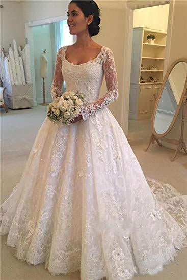 A Line Lace Applique Long Sleeve Sweetheart Covered Button Wedding Dresses WK331