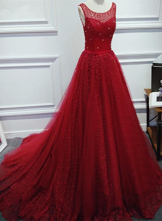 Luxurious A-Line Round Neck Red Long Prom Dress with Pearl