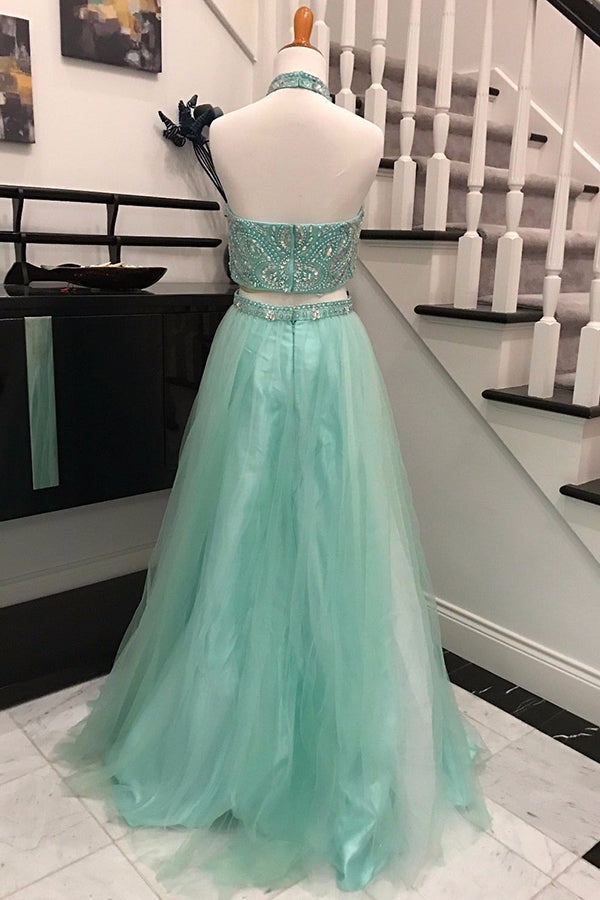 Elegant Halter Two Pieces Sky Blue Backless Tulle Prom Dresses with Beading WK743