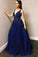 A Line Blue Tulle V Neck Prom Dresses with Beads Sleeveless Prom Dresses WK871