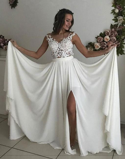 Formal Long Ivory Lace Chiffon Side Slit Cap Sleeve Cheap Beach Wedding Dresses WK107