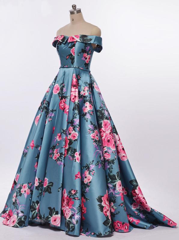 Elegant A-Line Off the Shoulder Sweetheart Lace up Satin with Flowers Prom Dresses WK514
