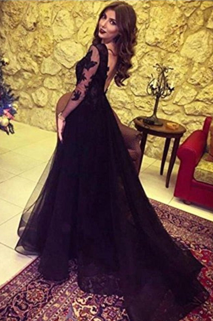 A Line Long Sleeve Slit Black Tulle Lace Appliques Backless Sweetheart Prom Dresses WK38