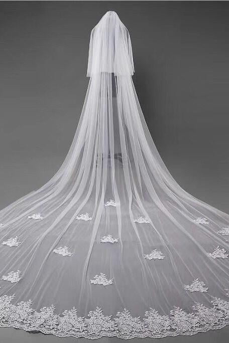 3D Flowers Lace Appliques Tulle Ivory Wedding Veils WK180