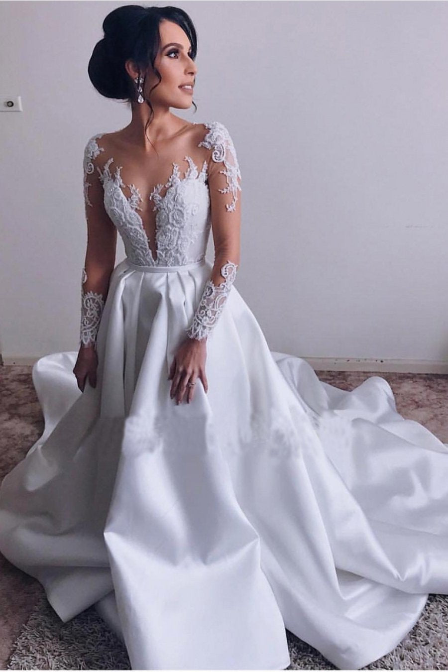 A Lin Ivory Long Sleeve Satin Lace Sweep Train Wedding Dresses Long Bridal Dresses WK410