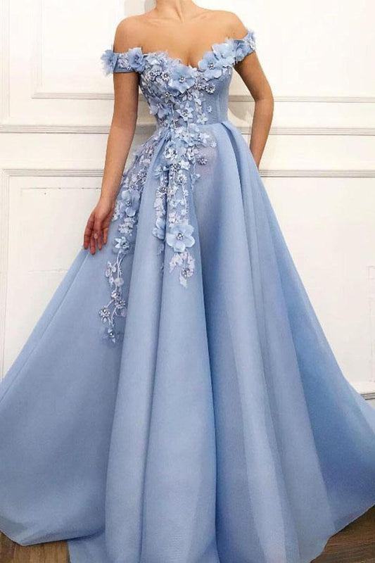 A Line Blue Off the Shoulder Tulle Lace Sweetheart 3D Flowers Prom Dresses Formal Dress WK464