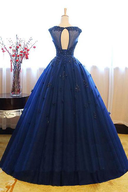 Dark Blue Tulle Lace Beads Ball Gown Open Back Sweet 16 Dress Quinceanera Dresses WK808
