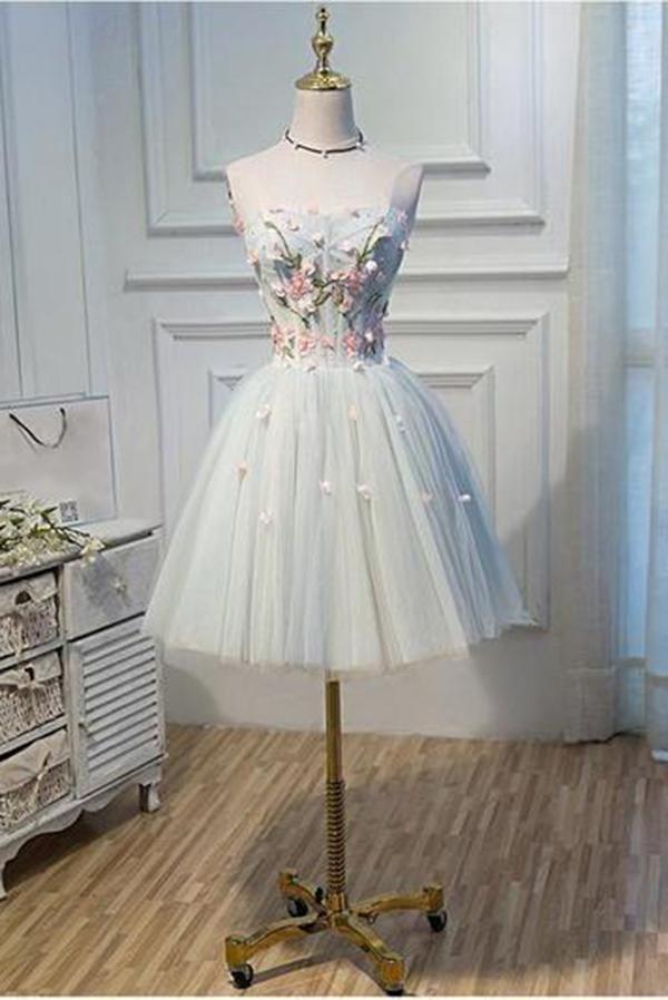 A Line Strapless Light Blue Lace up Homecoming Dress Flower Applique Short Prom Dresses WK730