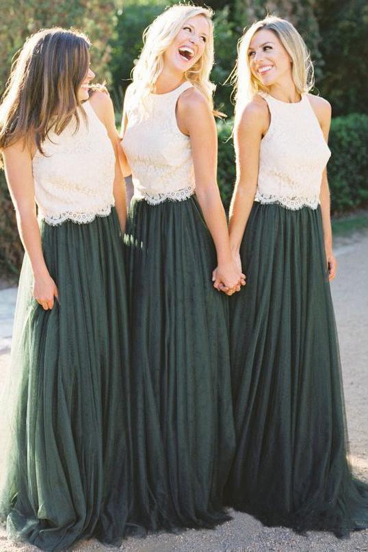 A Line Lace Bodice Green and White Tulle Long Round Neck Bridesmaid Dresses WK285