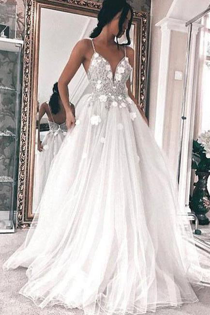 A Line V Neck Tulle Long Ivory Spaghetti Straps Lace Appliques Cheap Prom Dresses WK809