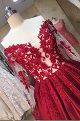 A-line Long Sleeves Sweetheart Lace Floor-Length Burgundy Cheap Prom Dresses WK760
