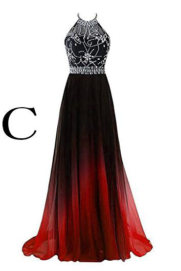 Elegant A-Line Halter Gradient Chiffon Long Ombre Beads Lace up Prom Dresses WK363