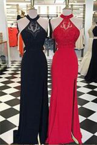 Charming Halter Red and Black Beaded Sleeveless A-Line Open Back Sexy Prom Dresses WK173