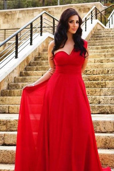 Long Elegant Chiffon A-Line One Shoulder Simple Red Sweetheart Backless Pleat Prom Dresses WK315