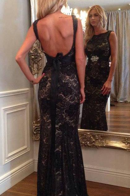 Long Prom Dresses Mermaid Scoop Neck Lace Beading Black Backless Evening Dress WK696
