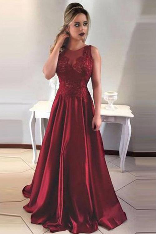 Simple A-Line Round Neck V-Back Maroon Satin Sleeveless Prom Dresses with Lace WK394