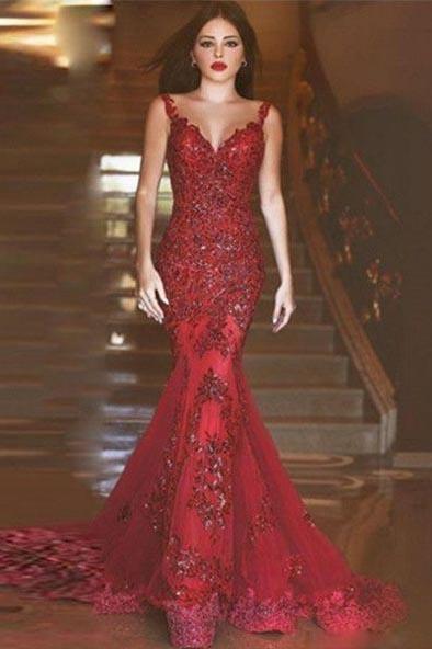 Sexy Burgundy Mermaid V-Neck Sleeveless Floor-Length Appliques Prom Dresses WK283