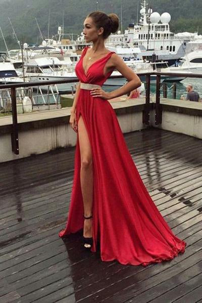 A-Line Red Simple With Slip Side Satin Chiffon Charming Deep V-Neck Sleeveless Prom Dresses WK250