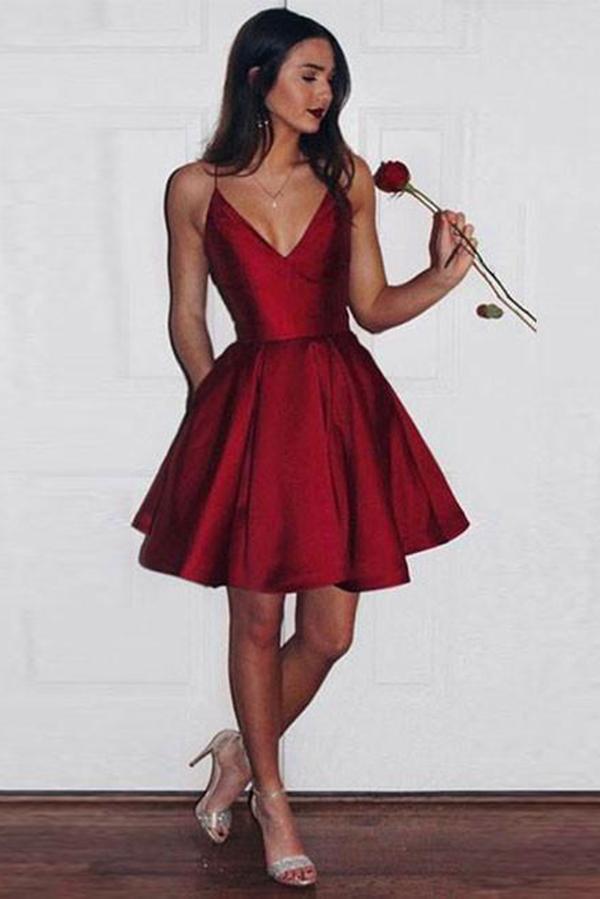 A-Line Spaghetti Straps Short V-Neck Dark Red Satin Homecoming Dress with Pockets WK593