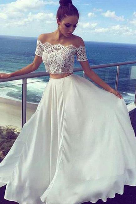 Two Pieces Off-the-Shoulder Ivory Short Sleeve A-Line Long Cheap Prom Dresses WK526