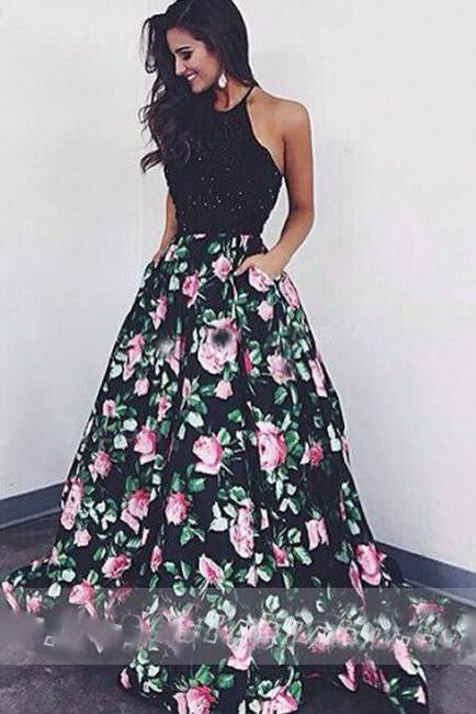 A Line Flowers Black with Flowers Sleeveless Pockets Beads Floor Length Prom Dresses WK47