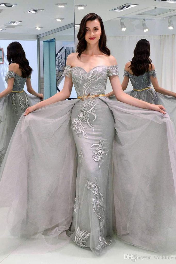 A-Line Appliques Off-the-Shoulder Gray Evening Dress With Sashes Long Tulle Prom Dresses WK676